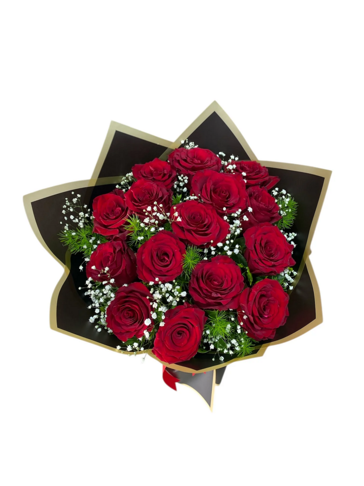 Siyah Ambalaj Kağıdında 15 Kırmızı Gül Buketi