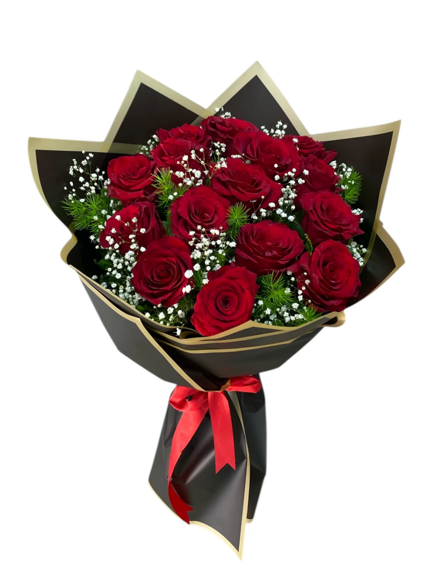 Siyah Ambalaj Kağıdında 15 Kırmızı Gül Buketi