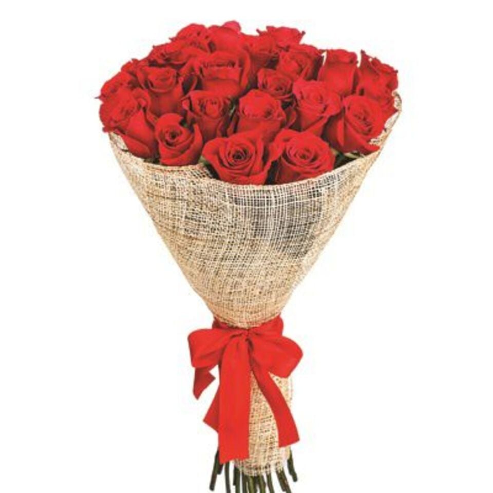 Hasır Ambalaj Kağıdında 20 Kırmızı Gül Buketi