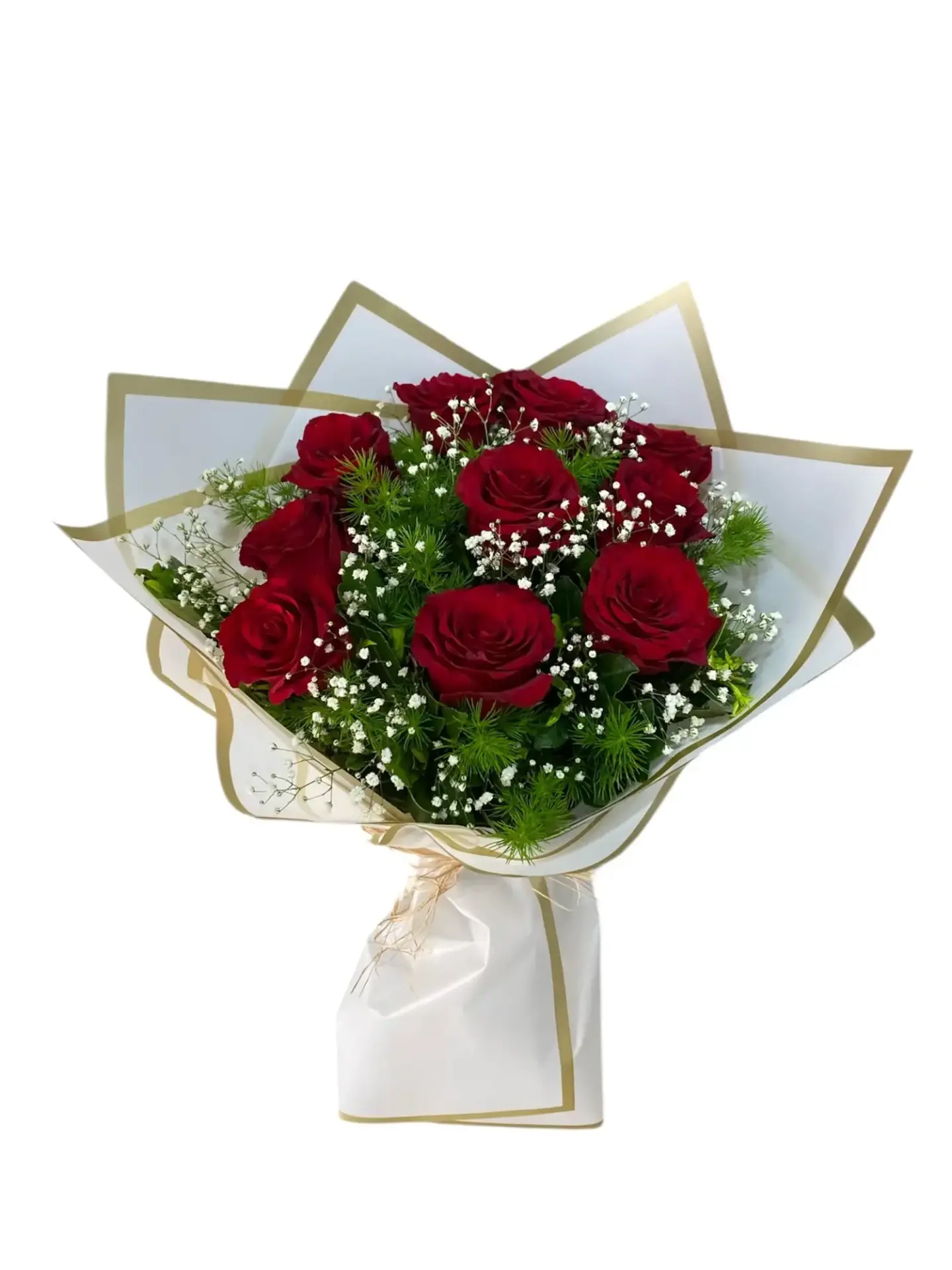 Beyaz Ambalajda 10 Kırmızı Gül Buketi