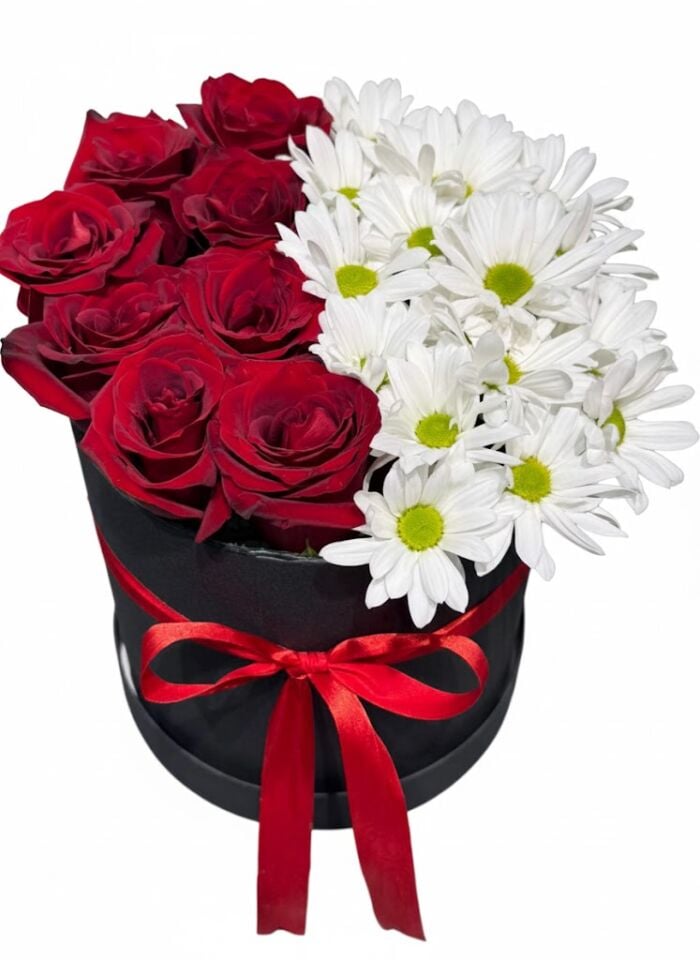 Siyah Silindir Kutuda Beyaz Papatya Kırmızı Gül