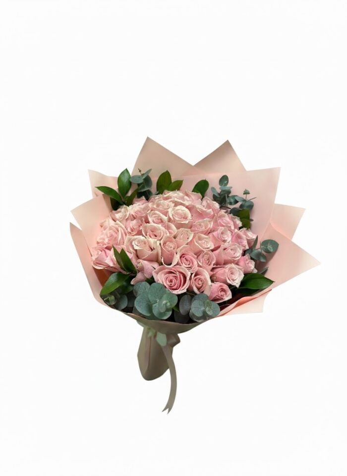 Pembe Ambalaj Kağıdında 41 Pembe Gül Buketi